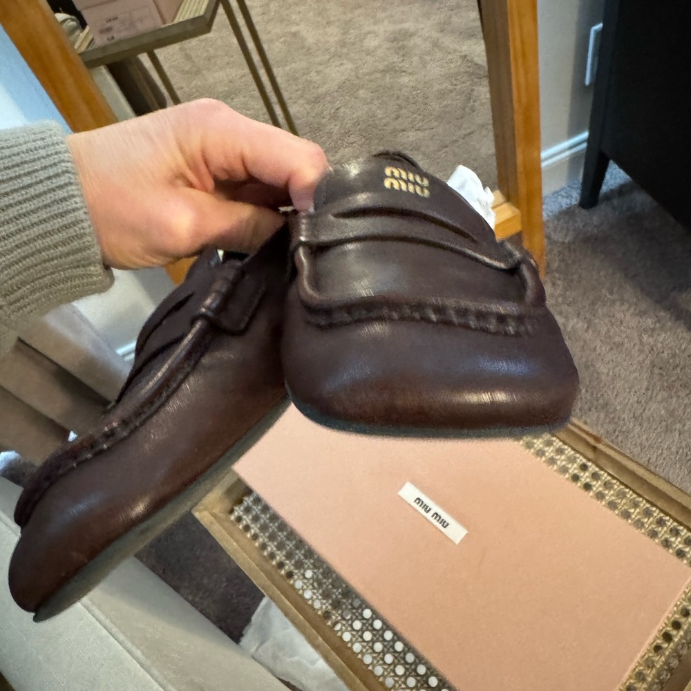 Miu Miu Rouched back Nappa Leather Brown Loafers - Picture 11 of 16